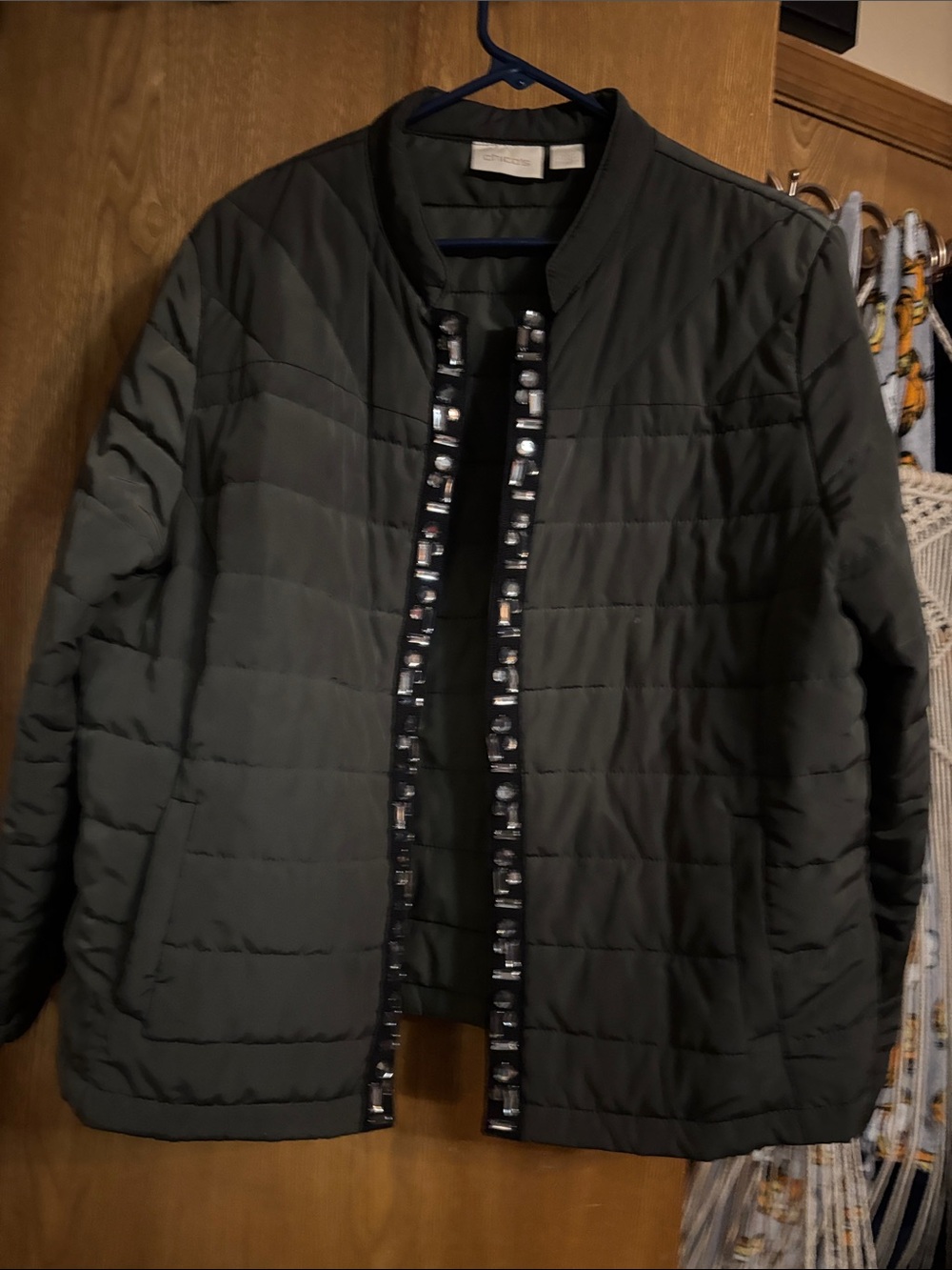 Chico's Quilted Olive Green/gray Jacket with Embellished Trim